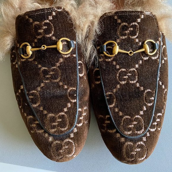 Gucci Brown Velvet Embossed Princeton Mules - Picture 1 of 5